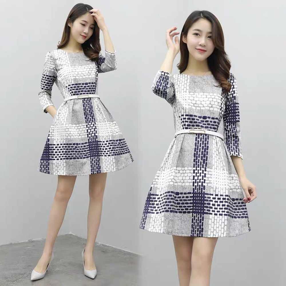 A line elegant dress with pockets - Blue and grey